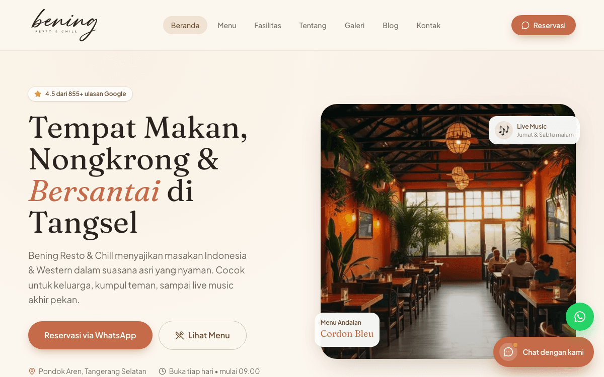 Bening Resto & Chill website